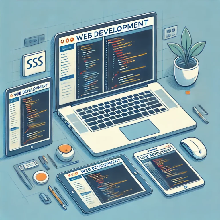 DALL·E 2025-01-07 22.59.50 - An illustration of a beginner-friendly web development workspace, showing a laptop displaying HTML code and CSS styles for a responsive website