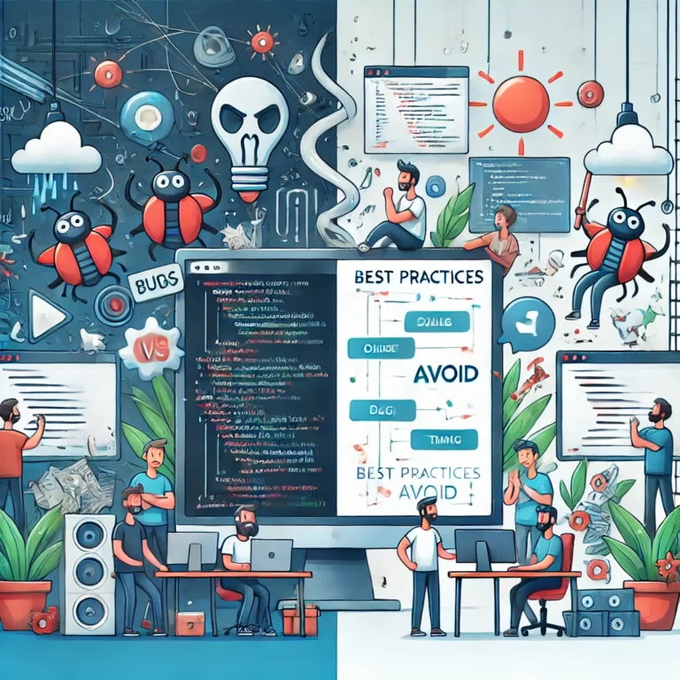 DALL·E 2025-01-10 23.42.02 - An engaging illustration depicting common software development mistakes and how to avoid them