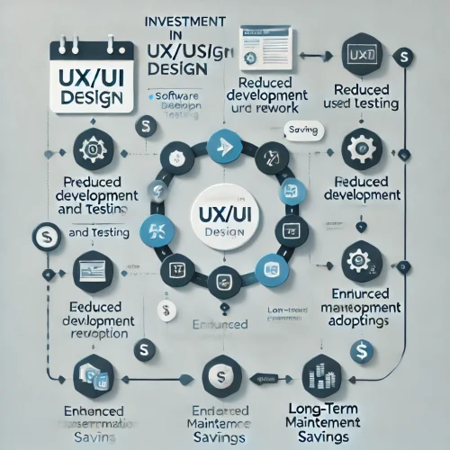 DALL·E 2025-01-08 20.56.30 - A professional and clean flowchart visually illustrating the cost-saving benefits of UX_UI throughout the software development lifecycle. The flowchar