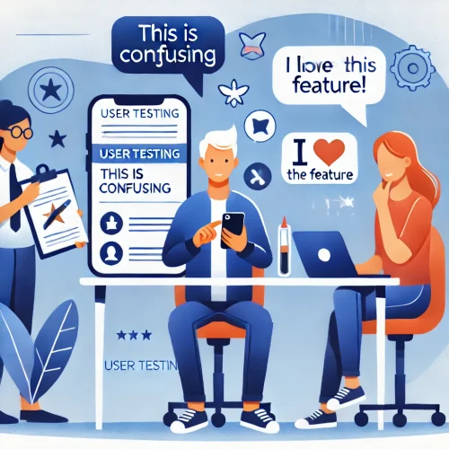 DALL·E 2025-01-08 23.02.28 - An illustration depicting a user testing session. A person is seated at a desk, using a mobile app on a smartphone, while another individual observes