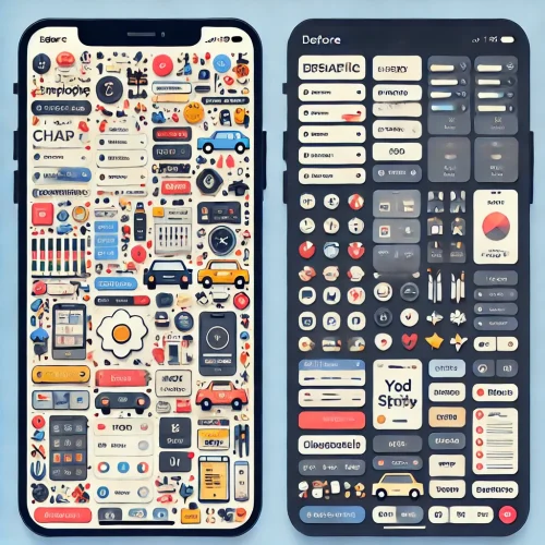 DALL·E 2025-01-08 23.03.49 - A clear side-by-side comparison of two app interfaces. On the left, a cluttered app with an overcrowded layout, inconsistent colors, too many icons, a