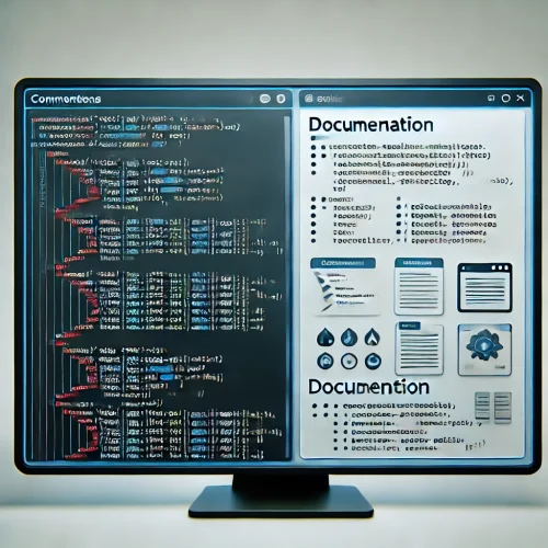 DALL·E 2025-01-08 23.06.23 - An illustration showing a split-screen view of well-commented code on the left and a documentation file on the right. The code section is neatly forma