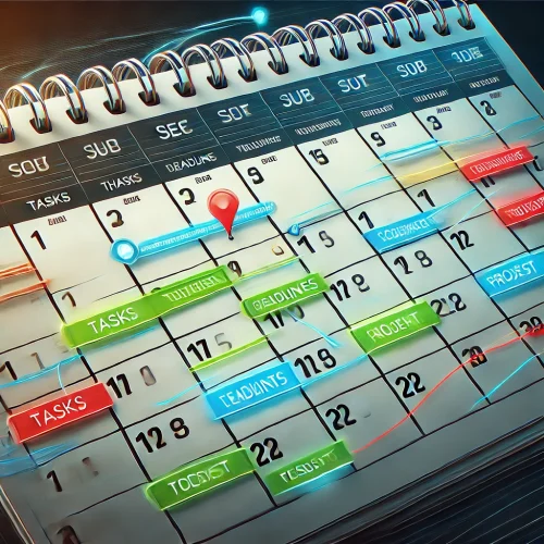 DALL·E 2025-01-08 23.06.46 - An illustration of a calendar with highlighted milestones. The calendar has realistic markings such as tasks, deadlines, and project milestones highli