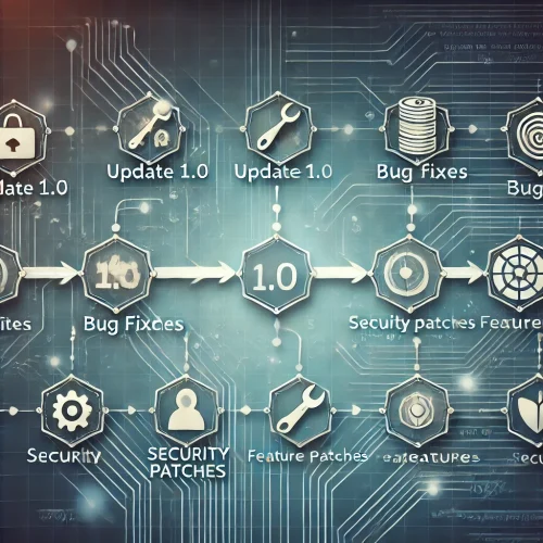 DALL·E 2025-01-08 23.07.11 - A visually engaging timeline graphic representing regular updates and maintenance checks for software. The timeline features milestones like 'Update 1