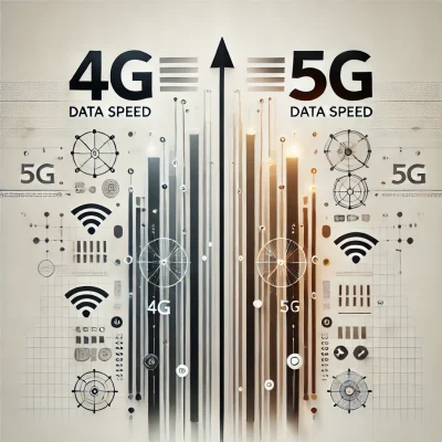 DALL·E 2025-01-09 23.07.57 - A clean and professional graphic comparing data speeds between 4G and 5G. The design features two side-by-side bars or lines, one representing 4G with